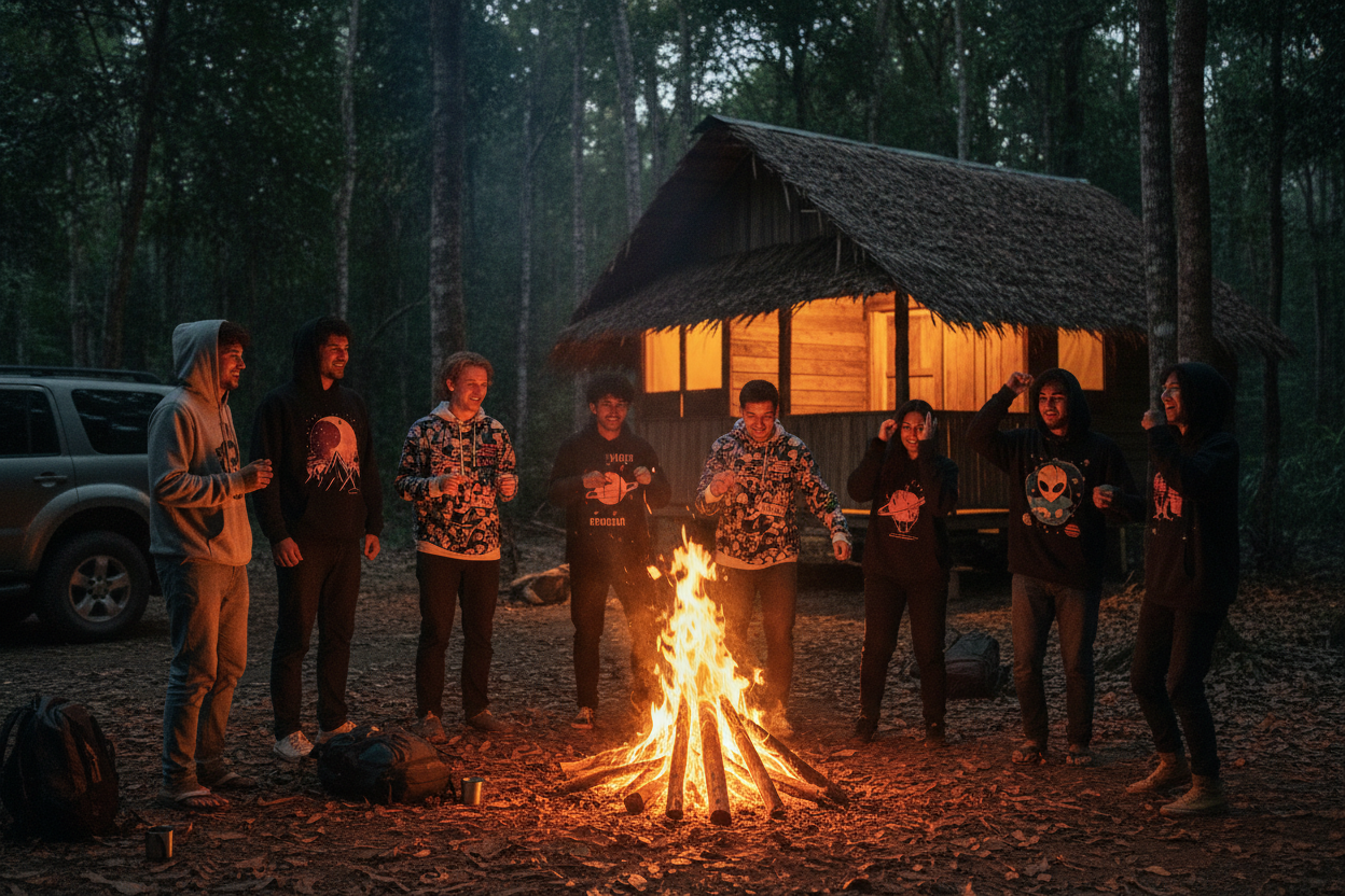 people wearing different design hoodie enjoying a jungle camping. at one side there is a bonfire, on back there is a warm lit hut. scene is dark and illuminated with the bonfire. some are dancing. a car on far left.